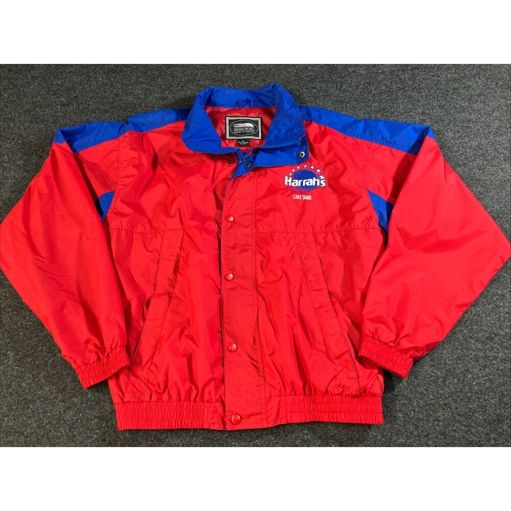 Vtg 90s Sierra Sport Harrahs Lake Tahoe Windbreaker Jacket Men M Red Blue Snap